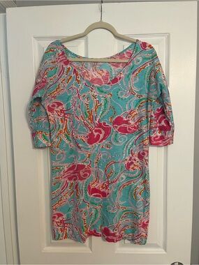 Lilly Pulitzer Turquoise, Pink & Orange Cotton Scoop Neck Tunic Top